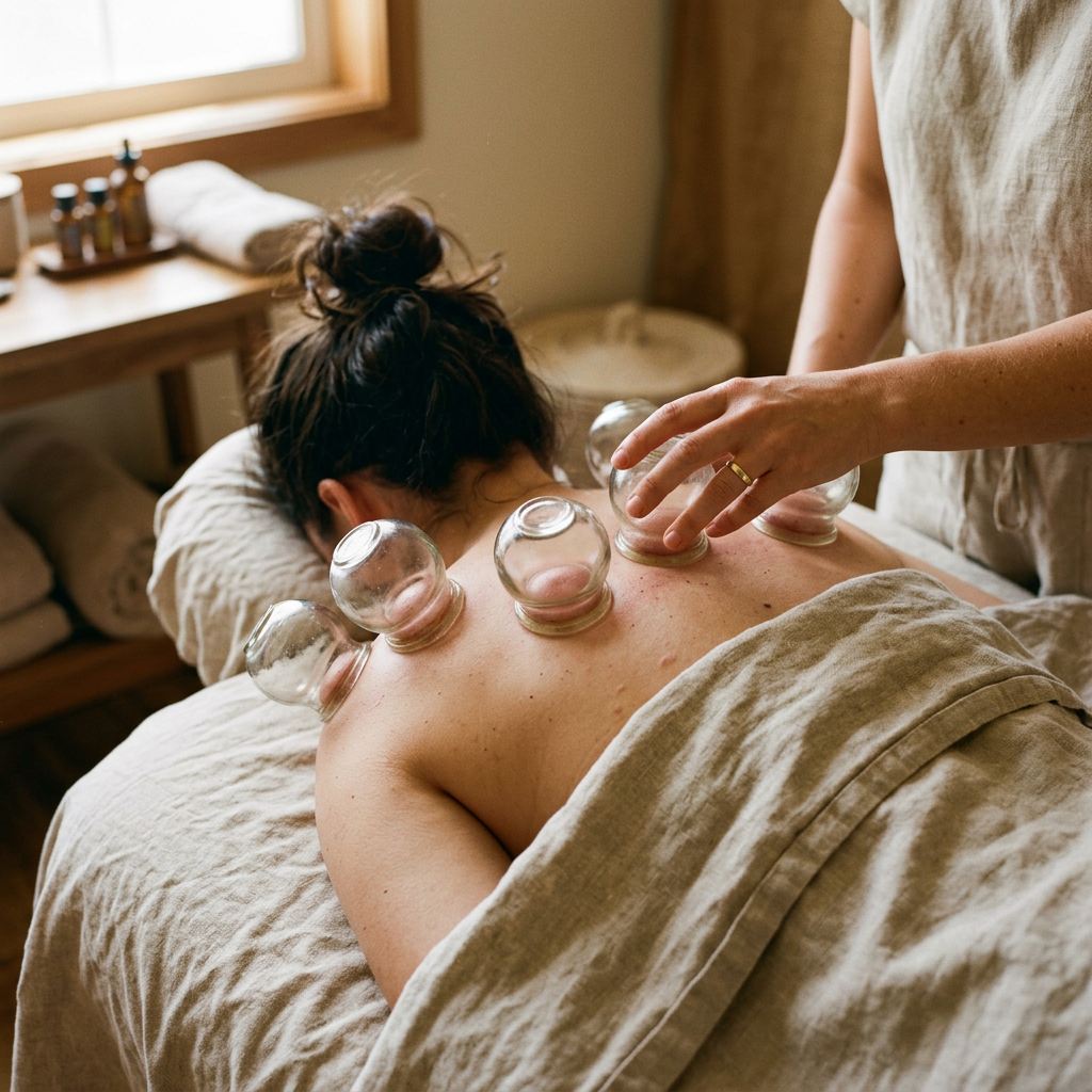 Licensed Healing Hands Spa therapist placing silicone suction cups on a guest's upper back during a cupping therapy session at the Farragut location near Turkey Creek in Knoxville